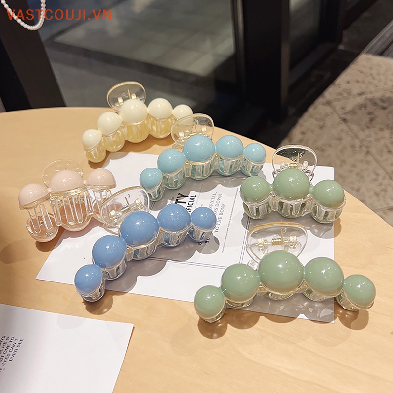 Kẹp Tóc Càng Cua Bằng Nhựa Đính Hạt Tròn Màu Xanh Lá Cây Chống Trượt Thời Trang Mùa Hè Cho Nữ