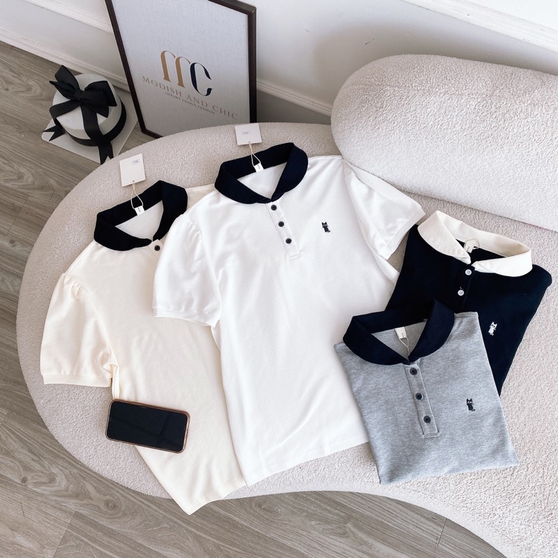 Áo polo thêu mèo tay phồng cổ sen freesize chất cotton dày đẹp, hàng QCL1 - SEE STORE