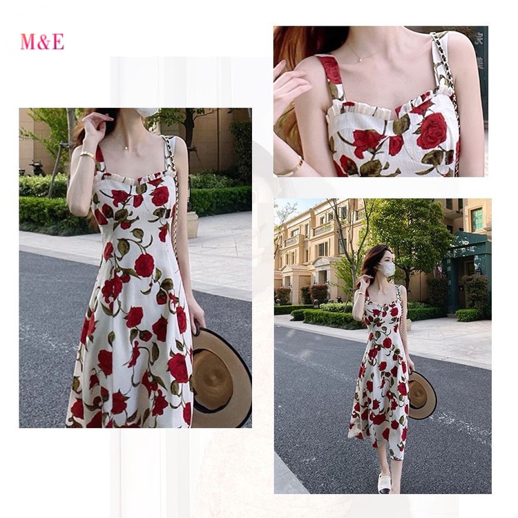 M &amp; E Đầm Voan Dài Hai Dây Màu Đỏ Họa Tiết Hoa Thời Trang Cao Cấp Phong Cách Pháp Mùa Hè 2022 Mới Dành Cho Bạn Nữ