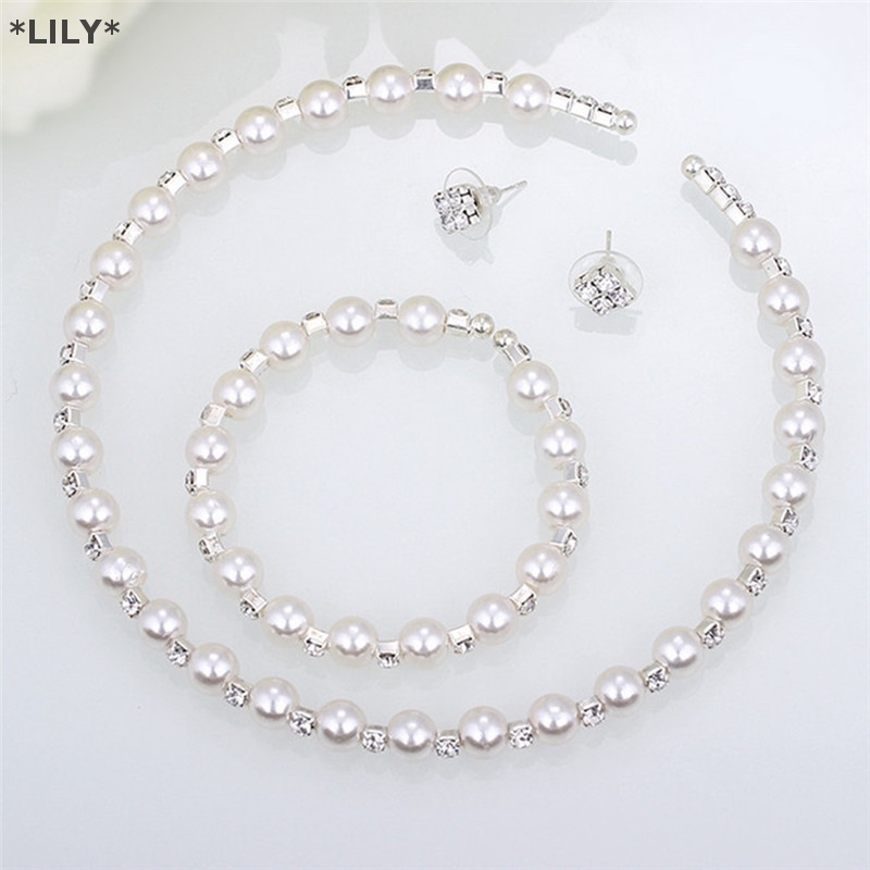 Lily 1 Bộ ngọc trai pha lê phù dâu cưới trang sức Bộ Vòng Cổ Vòng Tay Bông tai uuu