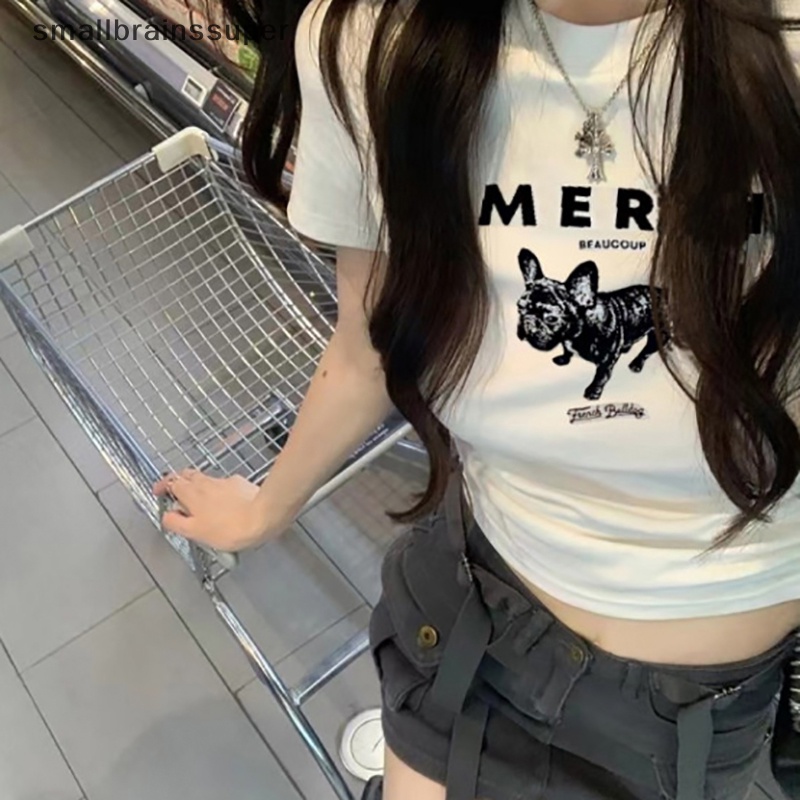 Áo Thun Crop Top Tay Ngắn Cổ Tròn In Họa Tiết Hoạt Hình Phong Cách Mỹ Thời Trang Mùa Hè Cho Nữ