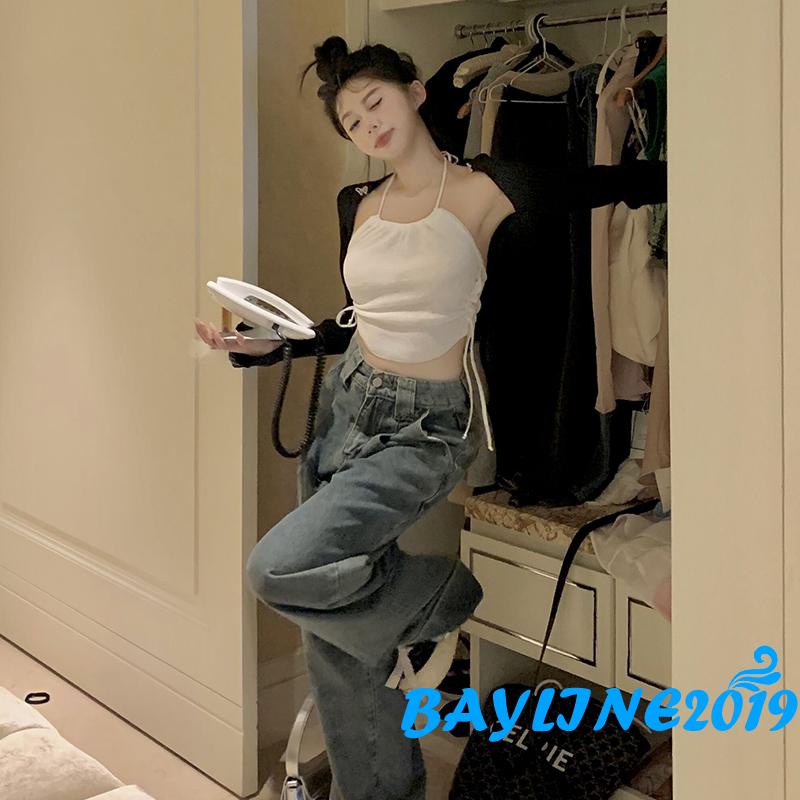 Áo Hai Dây Mùa Hè Ôm Dáng Màu Sắc Trơn Có Dây Rút Cho Nữ