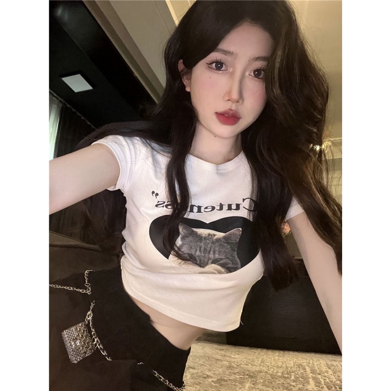 Áo baby tee Thun croptop nữ Tay Ngắn Hở Vai Dáng Ôm In Hình Mèo Màu Trắng Thời Trang Mùa Hè Dành Cho Bạn Nữ