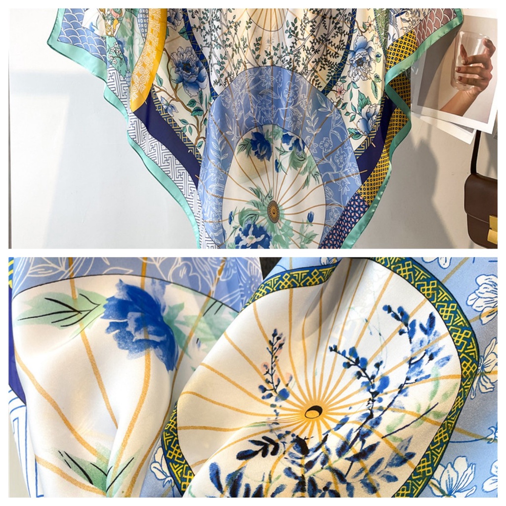 Khăn Choàng Lụa Satin Vuông 110cm In Họa Tiết Hoa / Xương Cá Kiểu Retro Dễ Phối Đồ Cho Nữ