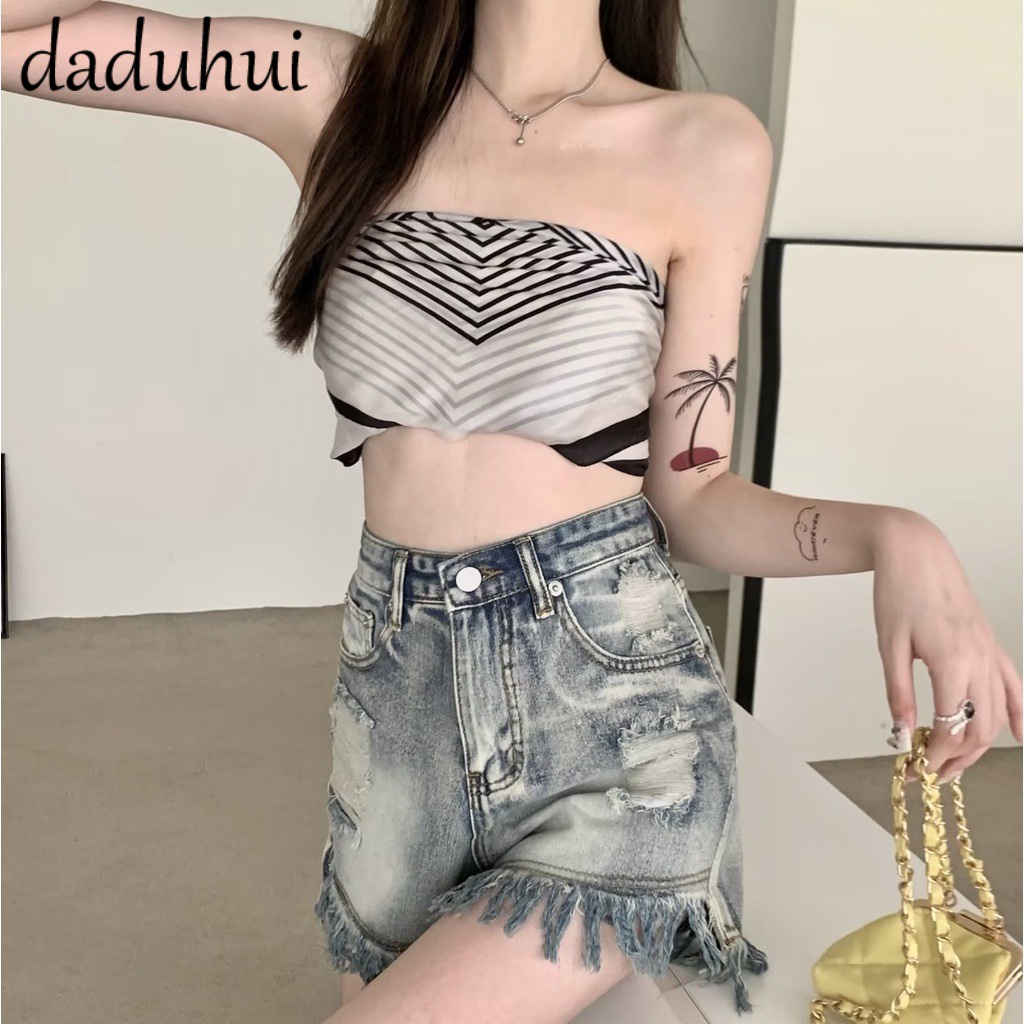 Daduhui New American Style Ins Street Ripped Denim Shorts High Waist Niche Raw Edge Thin A Word Hot Pants