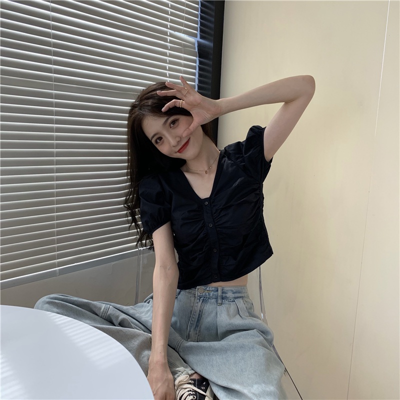 SUXI Áo Kiểu Tay Phồng Cổ Chữ V Màu Sắc Đơn Giản Phong Cách Hàn Quốc