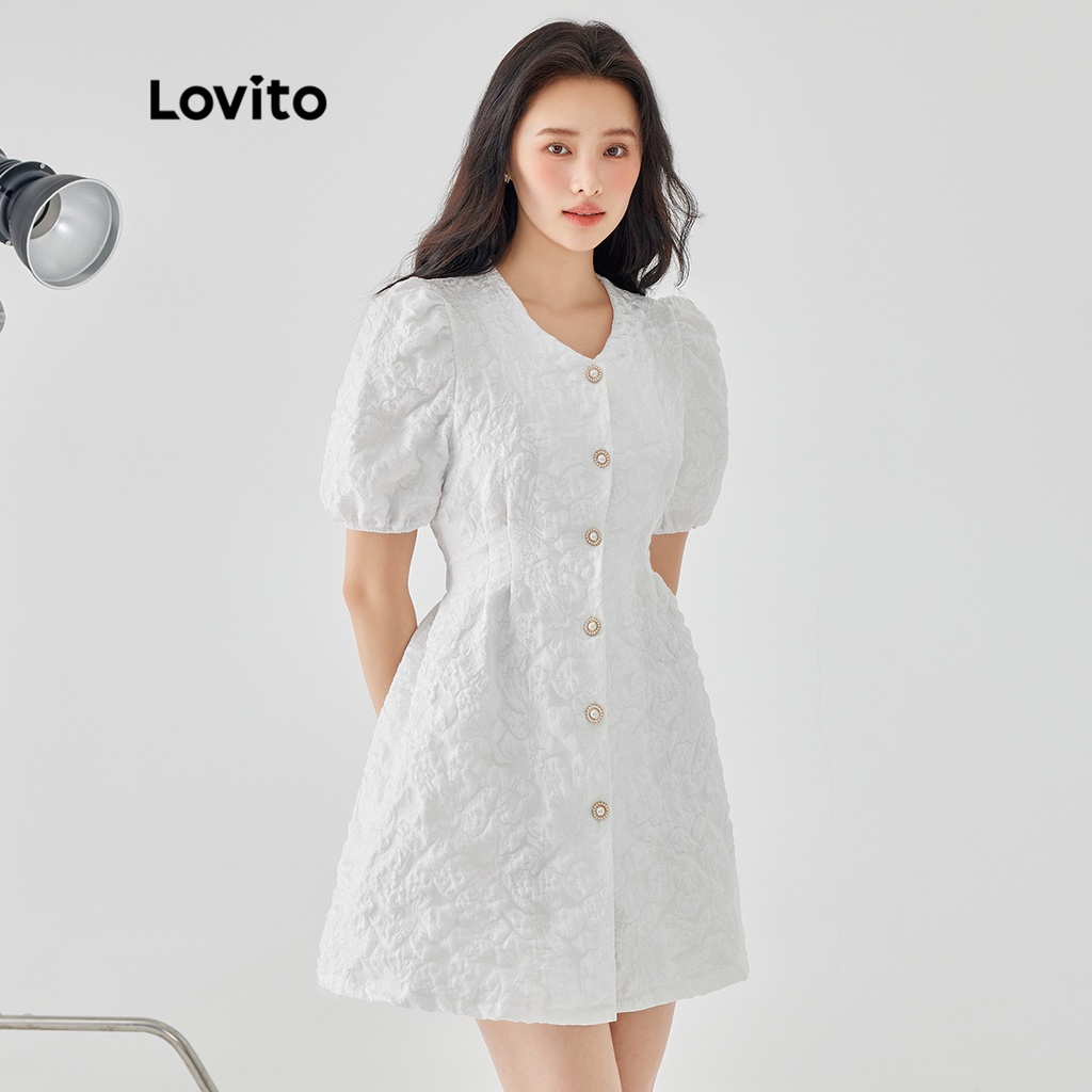 Đầm công chúa LOVITO Back To School tinh tế không co giãn nút cài trước màu trơn thanh lịch cho nữ LNA02100 (màu trắng)