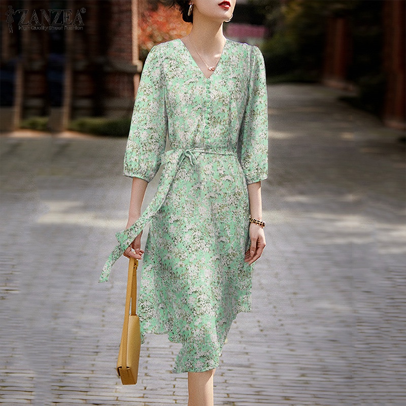 Zanzea Đầm Chữ A Tay Phồng Cổ Chữ V In Họa Tiết Hoa Phong Cách Hàn Quốc Thời Trang Cho Nữ