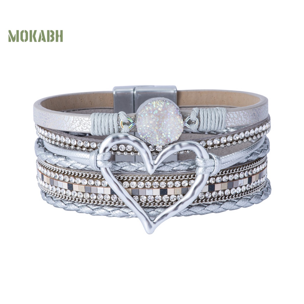 Vòng Tay Giả Da Nhiều Lớp Đính Đá Hình Trái Tim Phong Cách Bohemian Dành Cho Nữ