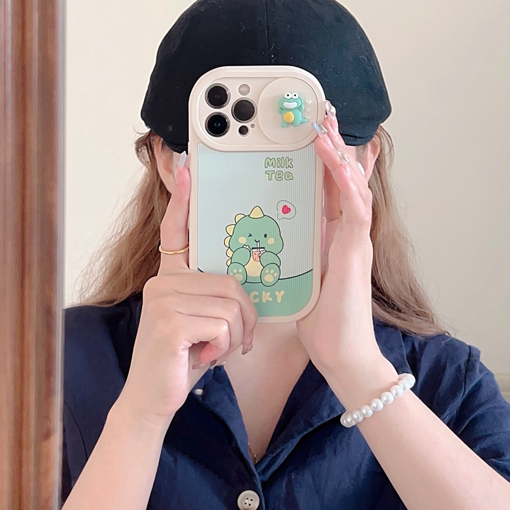 Ốp Điện Thoại Silicon TPU Mềm Hình Khủng Long Hoạt Hình 3D Có Nắp Trượt Bảo Vệ Camera Cho iPhone 13 12 11 Pro Max 14 Plus