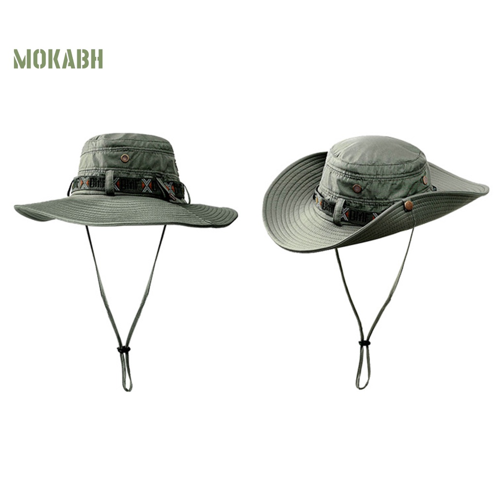 [Mok Abh] Mũ Cao Bồi Rộng Vành Chống Tia UV Viền Xoăn Màu Trơn Có Dây Có Thể Điều Chỉnh Được Phong Cách Vintage Cho Nam