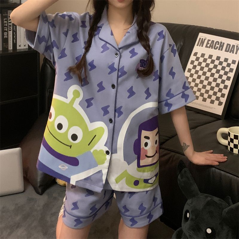 Bộ Đồ Ngủ Ngắn Tay Họa Tiết Hoạt Hình Người Ngoài Hành Tinh Thời Trang Mùa Hè Cho Nữ