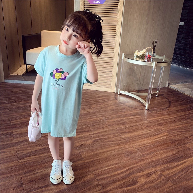 Đầm Thun Mỏng Mùa Hè Tay Cộc Dáng Rộng In Họa Tiết Gấu Hoạt Hình Dễ Thương Cho Bé Gái