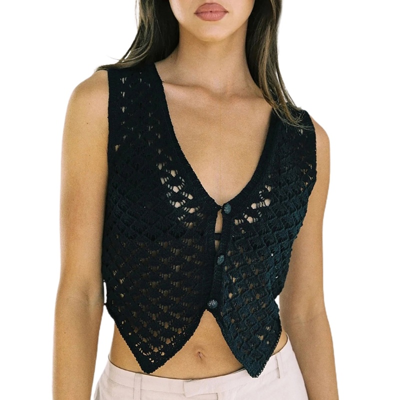 Xiangbao Áo Dệt Kim Không Tay Khoét Rỗng Y2K Màu Trơn Mặc Hàng Ngày Cho Nữ