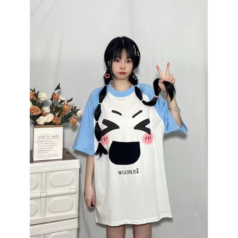 Áo Thun Raglan Tay Ngắn In Họa Tiết Biểu Tượng Cảm Xúc Nặng Gram Dễ Thương Thời Trang Mùa Hè Cho Nữ