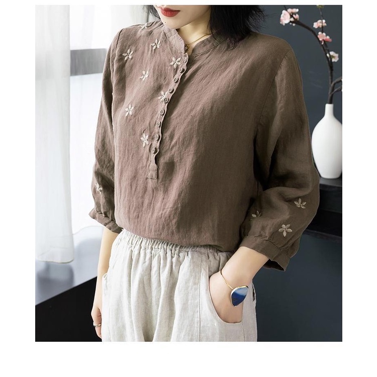 Áo Sơ Mi Vải Lanh cotton Ba Lỗ Thêu Hoa Màu Trơn Dáng Rộng Thời Trang Xuân Hè Cho Nữ
