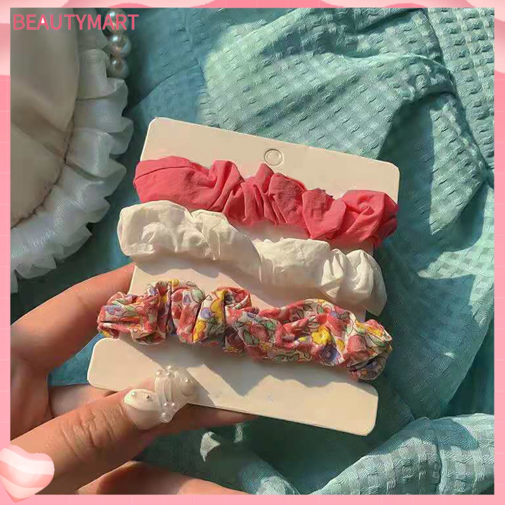 Set 3 Dây Cột Tóc Cao Su Bọc Vải Chiffon Co Giãn In Họa Tiết Hoa Tươi Mới