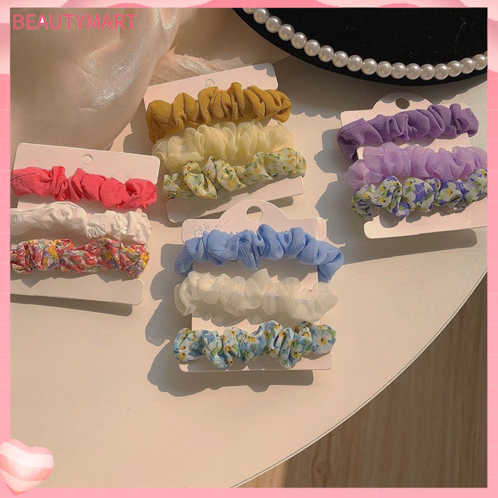 Set 3 Dây Cột Tóc Cao Su Bọc Vải Chiffon Co Giãn In Họa Tiết Hoa Tươi Mới