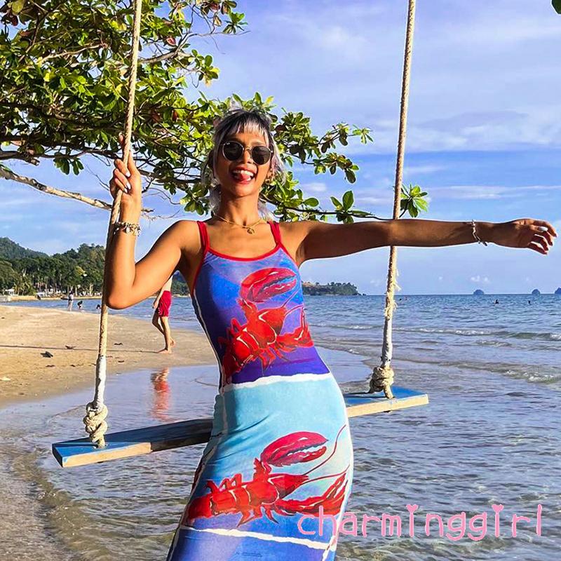 Đầm Maxi Hai Dây Dáng Dài Hở Lưng In Họa Tiết Tôm Hùm Thời Trang Mùa Hè Cho Nữ