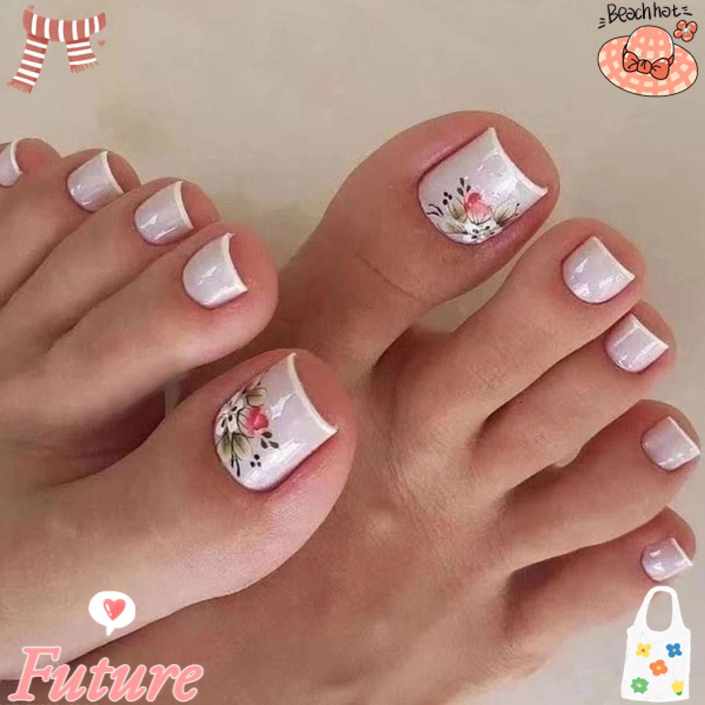 Set 24 Móng Chân Giả Che Phủ Toàn Diện Họa Tiết Hoa Thời Trang Xuân Hè Cho Bé Gái