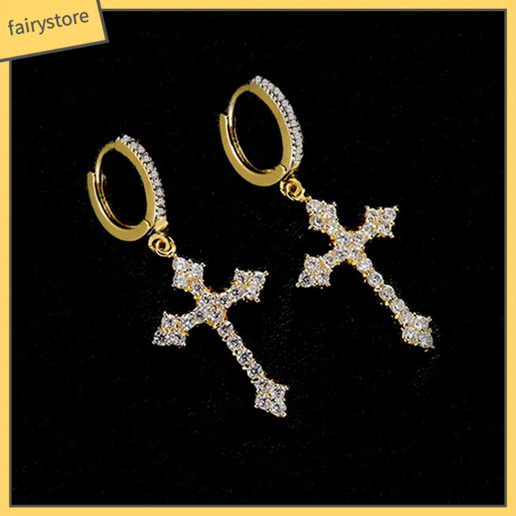 1 Đôi Bông Tai Hình Chữ Thập Lấp Lánh Phong Cách Hip Hop