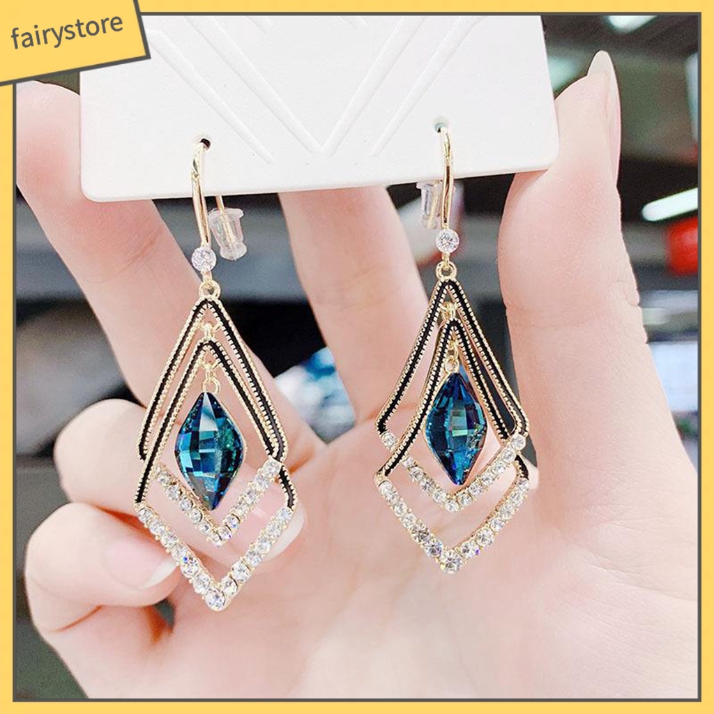 1 Đôi Bông Tai Hình Thoi Hai Lớp Đính Đá Lấp Lánh Dành Cho Nữ