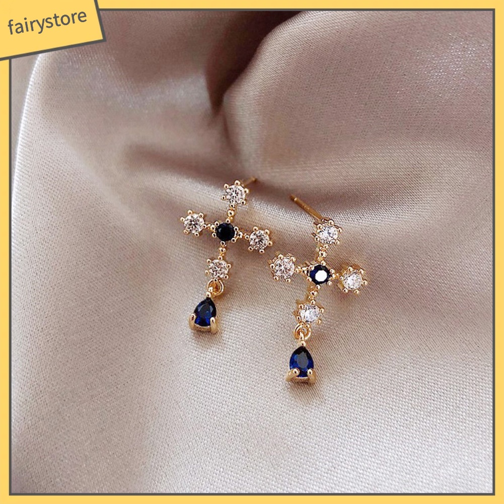 Bông Tai Hình Thánh Giá Đính Đá Sapphire Giả Bằng Hợp Kim Thời Trang Cho Nữ
