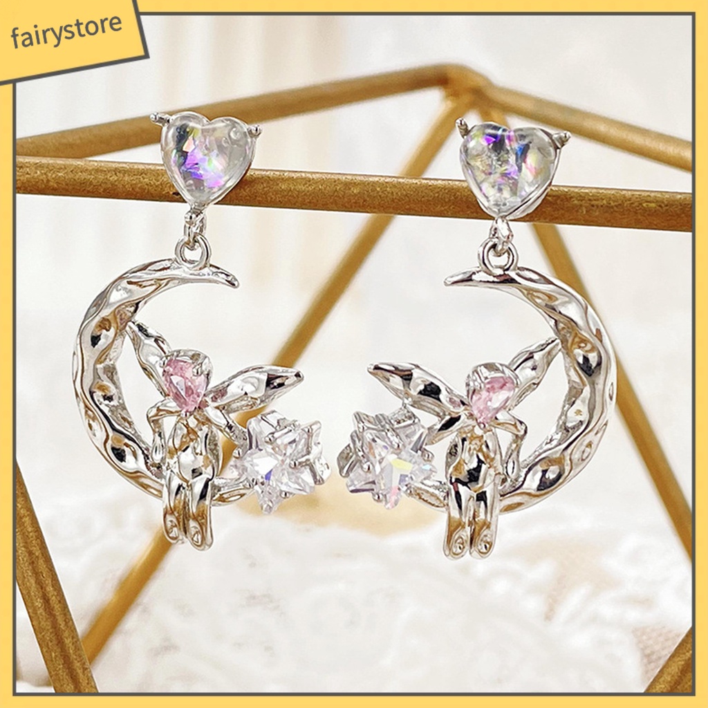 1 Đôi Bông Tai Hình Trái Tim Đính Đá Mặt Trăng Ngôi Sao Không Gây Dị Ứng Thời Trang