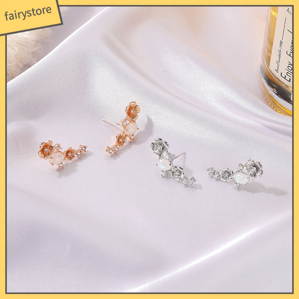 1 Đôi Bông Tai Hình Hoa Đính Đá Opal Giả Bằng Đồng Sáng Bóng Phong Cách Retro Dành Cho Nữ