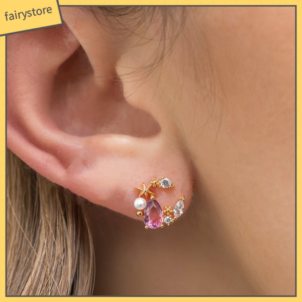 1 Đôi Khuyên Tai Hợp Kim Hình Trăng Sao Đính Đá Thời Trang