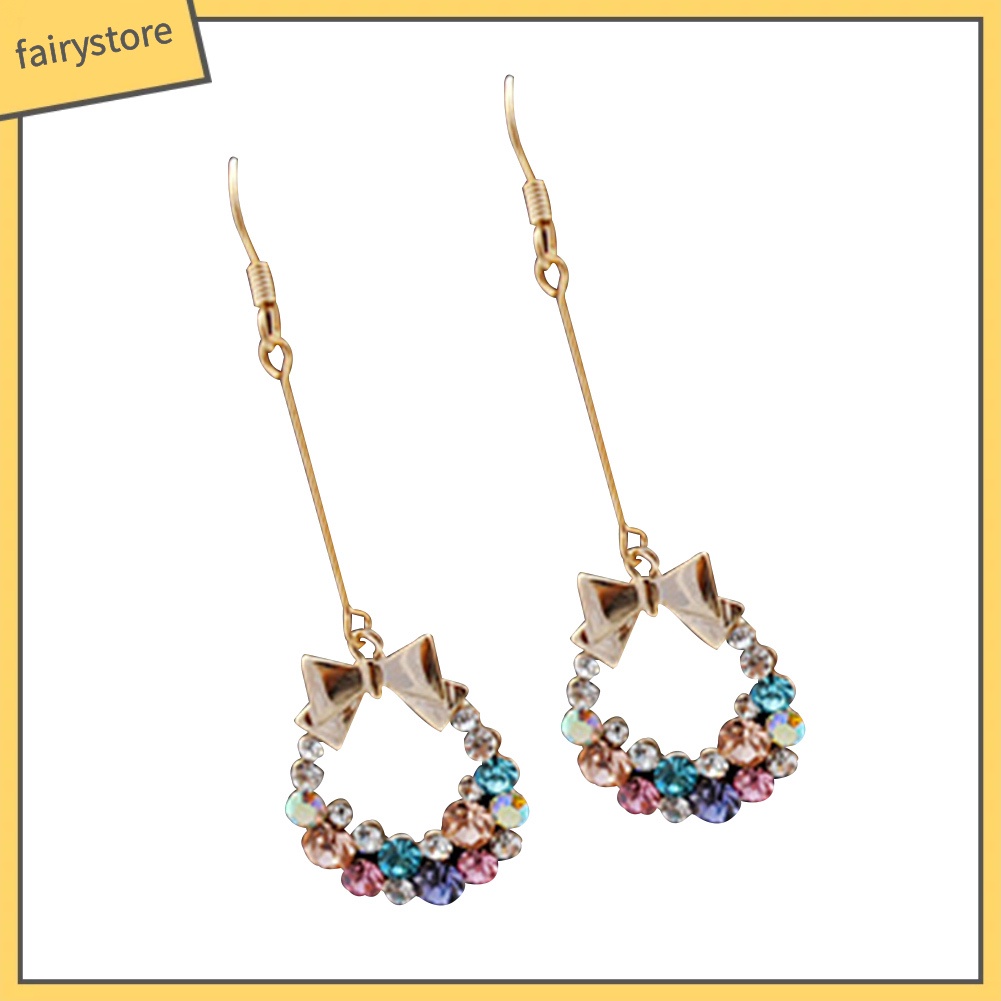 Bông Tai Tua Rua Dáng Dài Hình Nơ Đính Đá Nhiều Màu Sắc