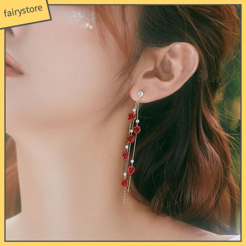 1 Đôi Bông Tai Dài Hình Hoa Hồng Đính Đá Lấp Lánh Dành Cho Nữ