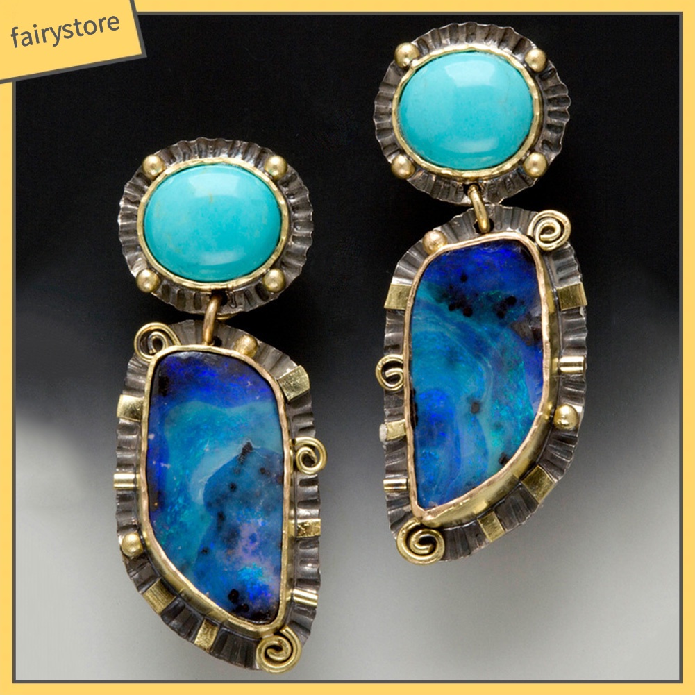 Bông Tai Dáng Dài Đính Đá Ngọc Lam Giả Phong Cách Vintage Thời Trang Cho Nữ