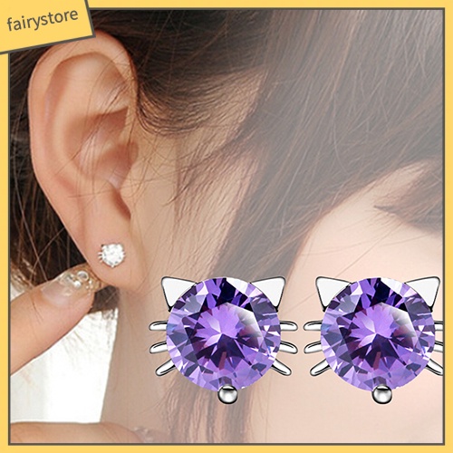 Bông Tai Mạ Bạc 925 Hình Mèo Đính Đá Zircon Dễ Thương
