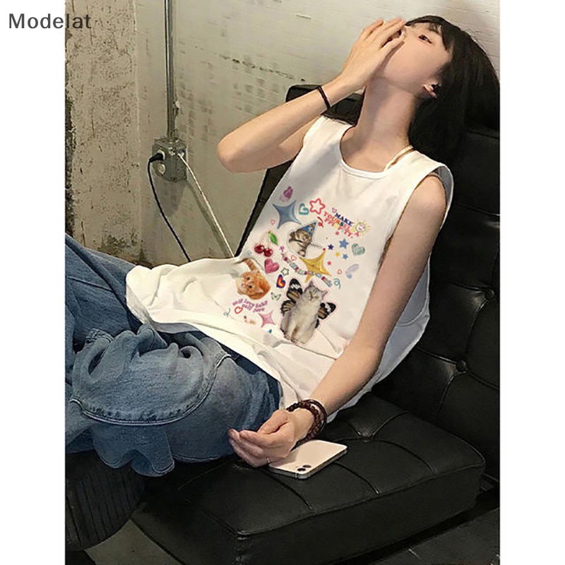 Áo Sát Nách Cổ Tròn Dáng Rộng In Họa Tiết Mèo Kiểu Retro Mỹ Thời Trang Mùa Hè Cho Nữ