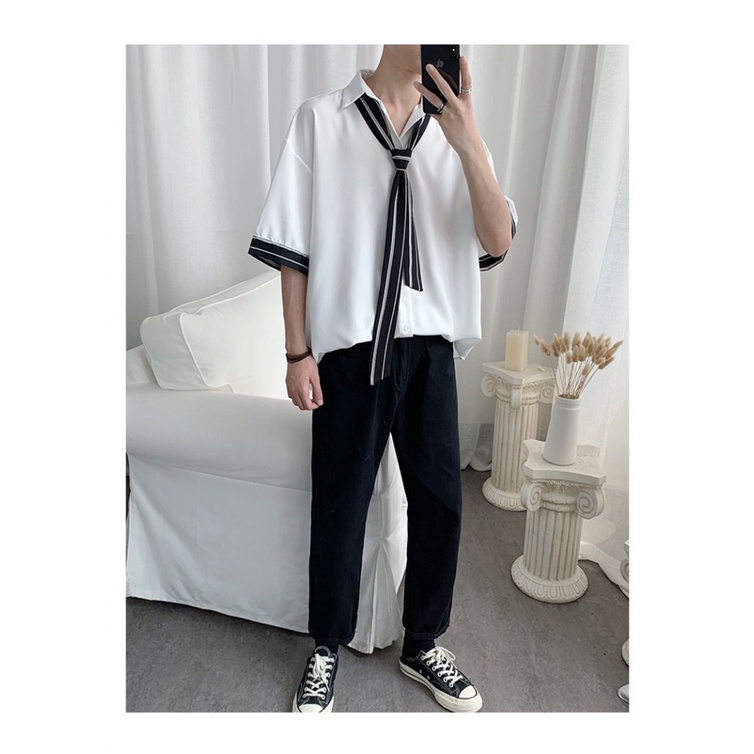 Áo Sơ Mi Tay Lửng Dáng Rộng Thời Trang Mùa Hè Hàn Quốc Dành Cho Nam