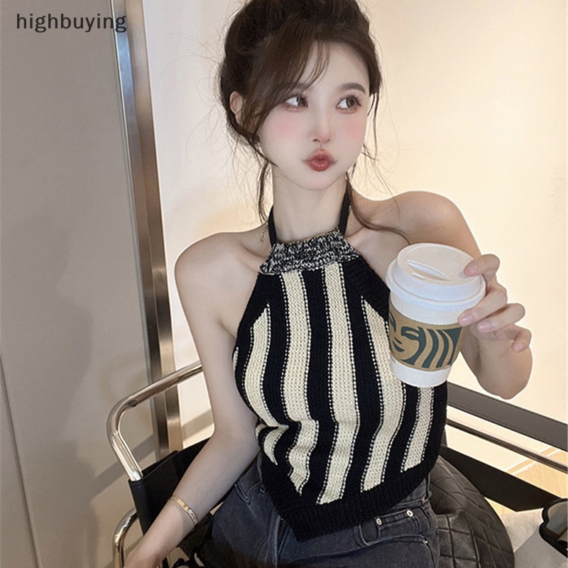 Áo Crop Top Hai Dây Dệt Kim Hở Lưng Y2K Thời Trang Mùa Hè 2023 Cho Nữ