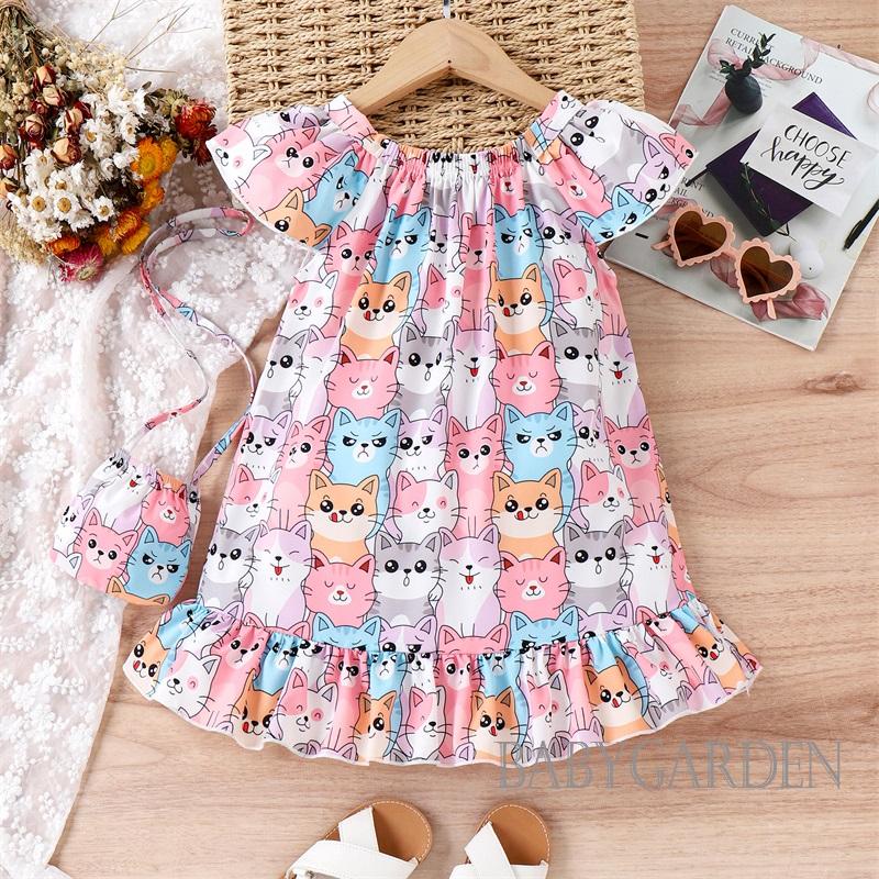 Đầm Chữ A Tay Ngắn In Họa Tiết Hoạt Hình Chó Mèo Dễ Thương Thời Trang Mùa Hè Cho Bé Gái 4-7 Tuổi