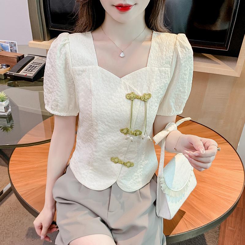 Áo Kiểu Tay Phồng Phối Nút Phong Cách Trung Hoa Thời Trang Mùa Hè 2023