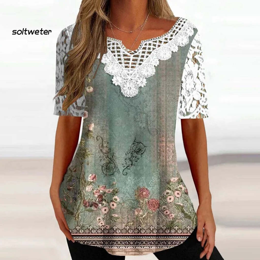 Áo Thun Mỏng Chui Đầu Dáng Rộng Tay Ngắn Cổ Chữ V Phối Ren In Hoa Co Giãn Thời Trang Đường Phố Cho Nữ
