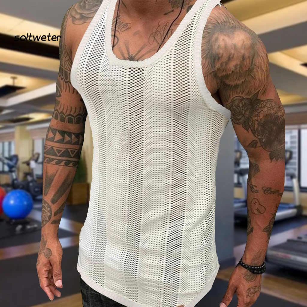 Áo Tank Top Dệt Kim Mỏng Cổ Tròn Màu Sắc Trơn Thoáng Khí Thời Trang Cho Nam