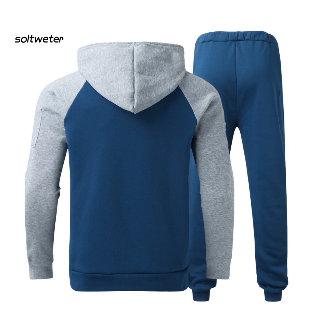 Bộ 2 Món Áo Sweater Tay Dài Có Nón + Dây Rút + Túi Lót Lông Cừu Giữ Ấm Màu Sắc Tương Phản