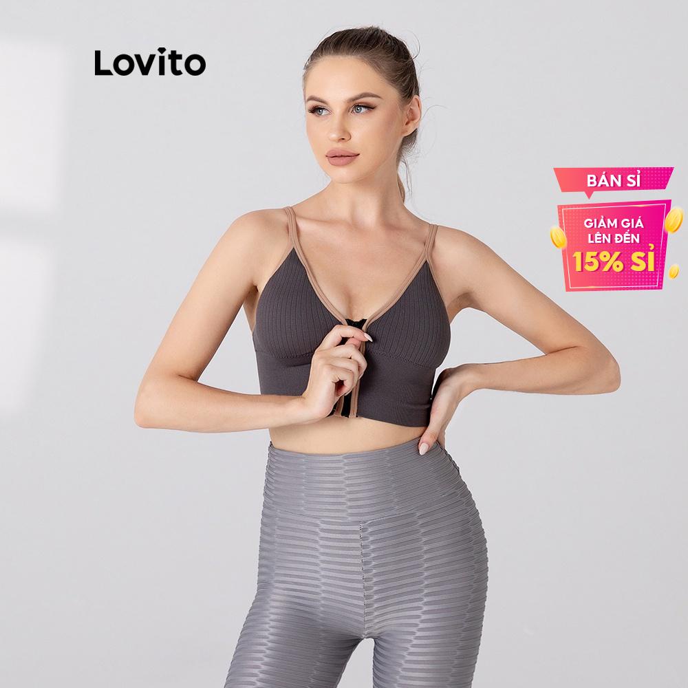 Yoga dây kéo tương phản hai mảnh Lovito áo ngực L05220 (Xám / Xanh dương)