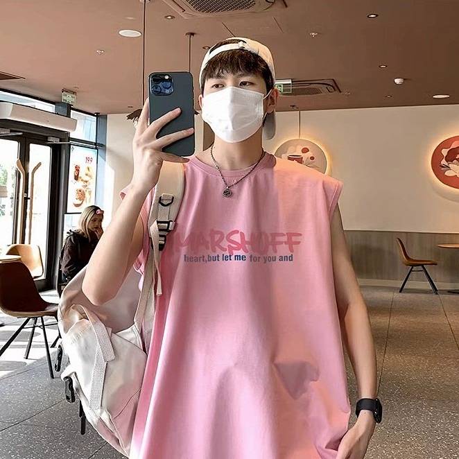 Áo thun nam màu hồng 100% cotton không tay form rộng in tranh sơn dầu mùa hè hFtt