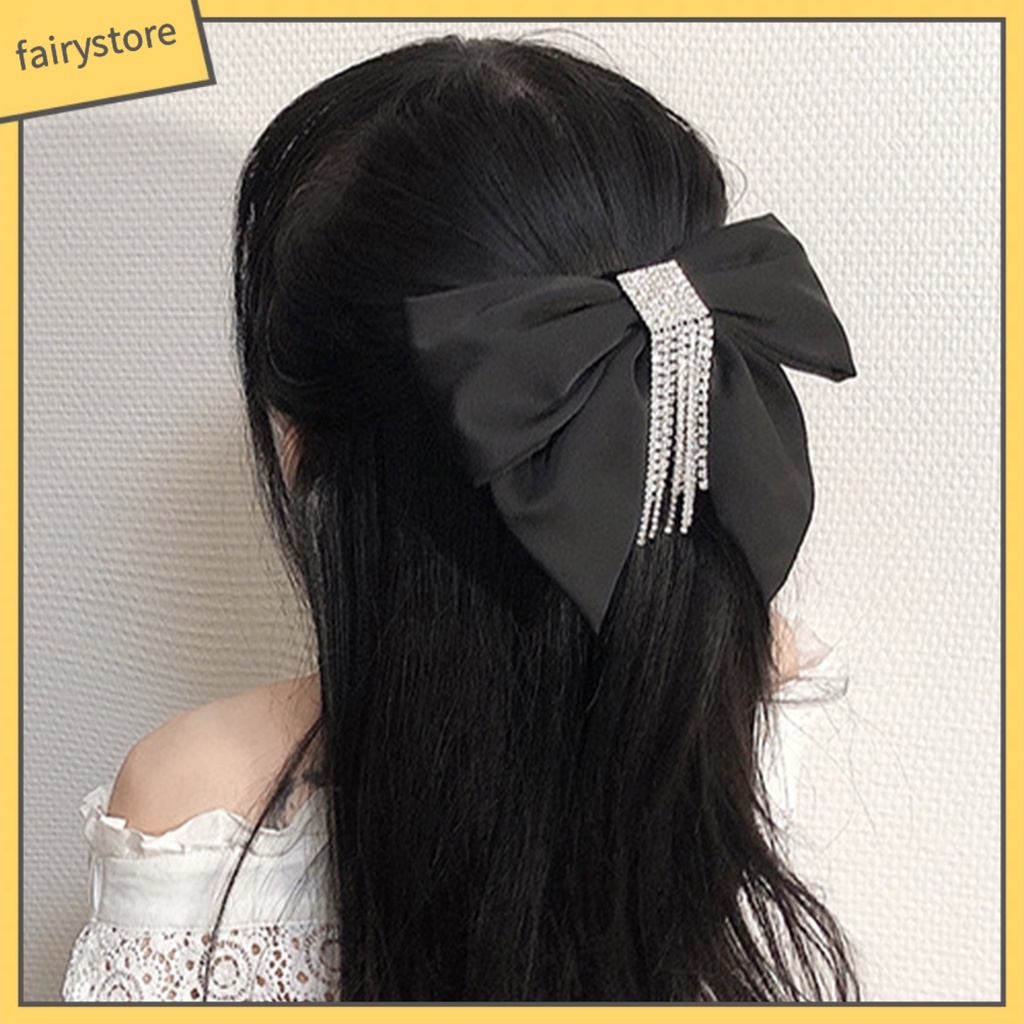 Kẹp Tóc Nơ Đính Đá Tua Rua Màu Đen Cho Nữ