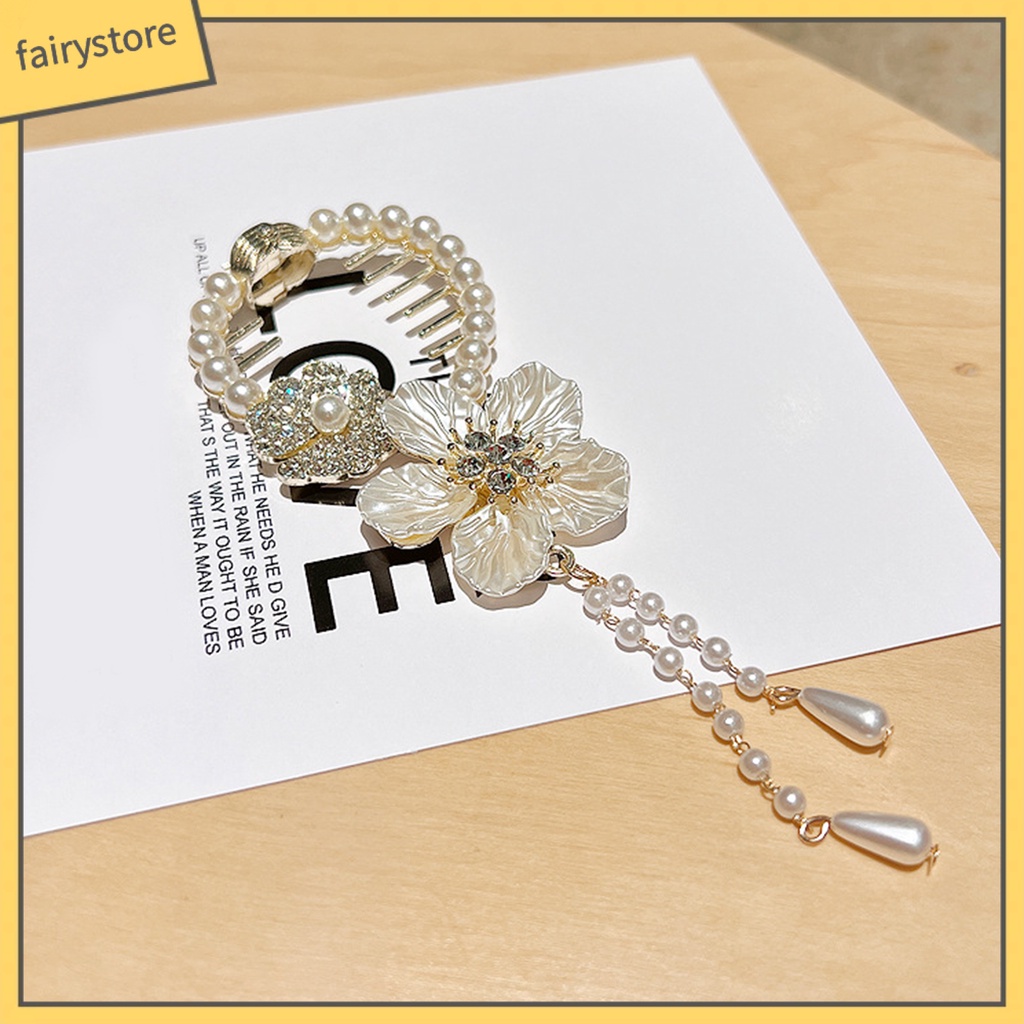 Kẹp Tóc Hoa Trà Đính Đá Ngọc Trai Giả Chống Trượt &amp; Răng