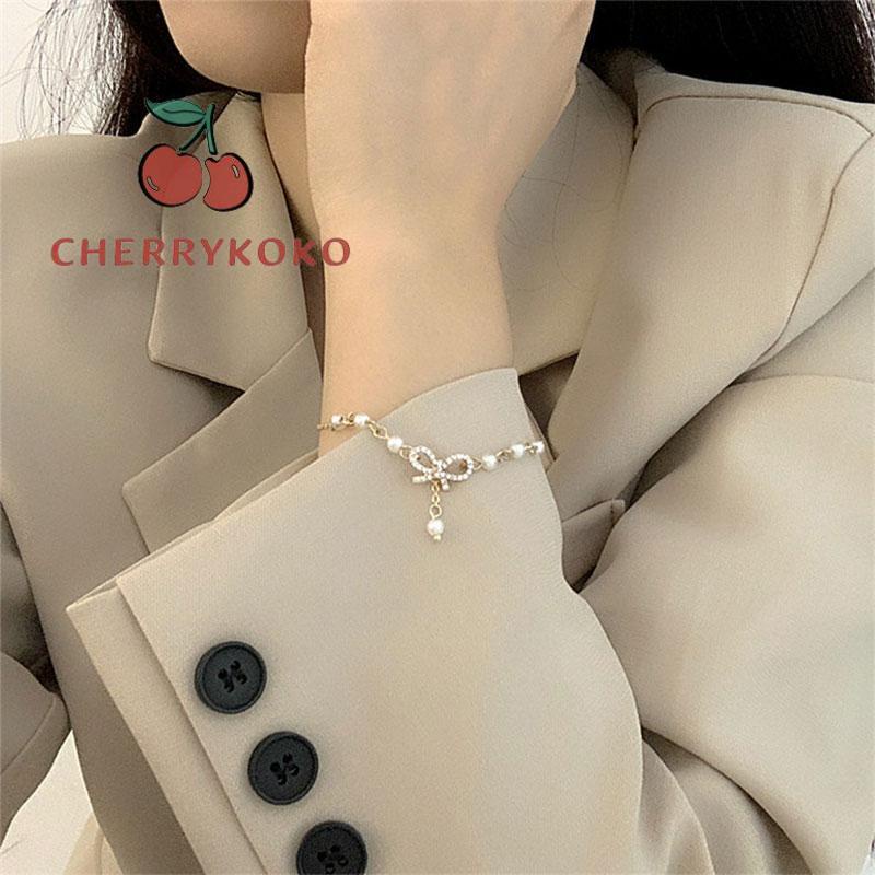 🍒🍒CHERRYKOKO Vòng tay mạ bạc màu hồng vàng mặt hình nơ đính ngọc trai giả thời trang cho nữ