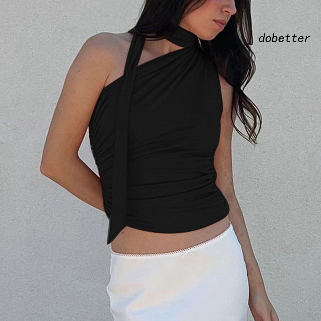 [DO] Áo Crop Top Không Tay Lệch Vai Ôm Dáng Màu Trơn Phối Ruy Băng Gợi Cảm Cho Nữ