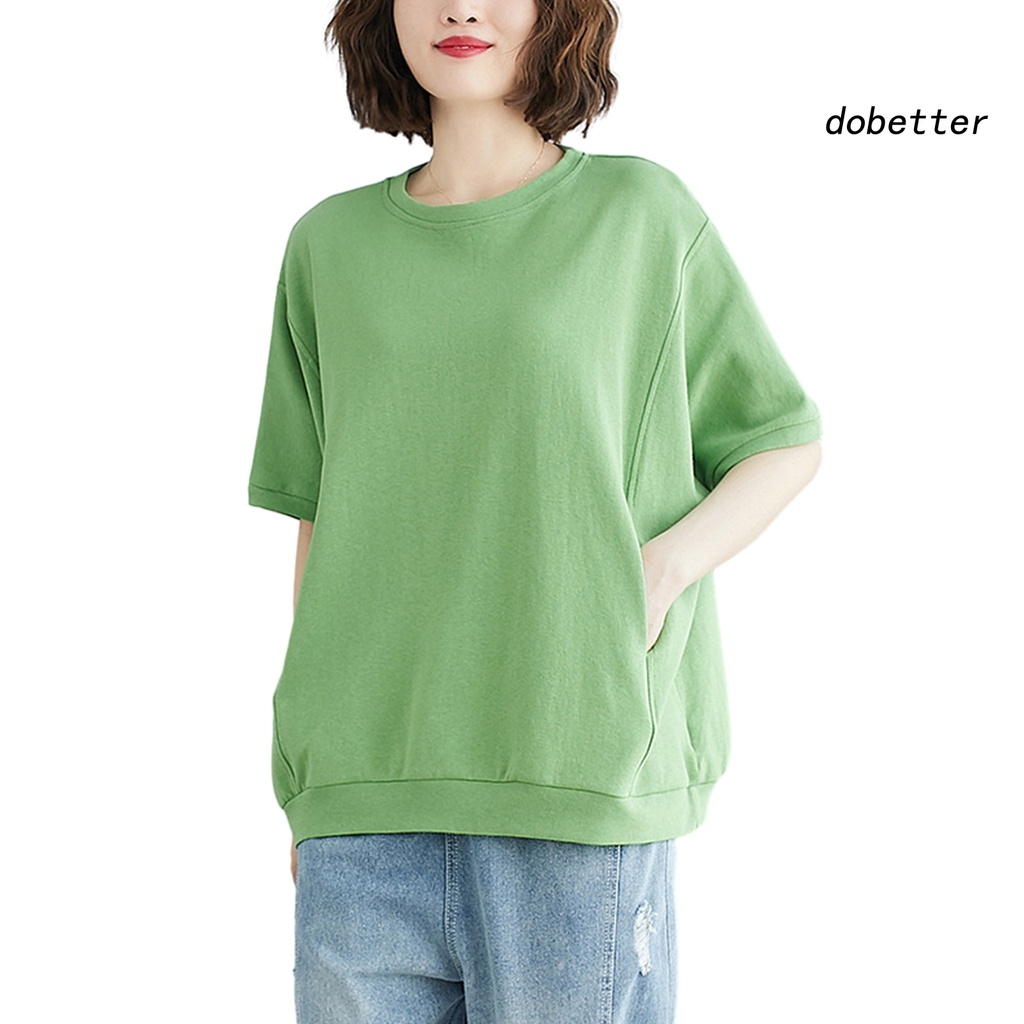 Áo Thun Tay Ngắn Cổ Tròn Hai Túi Dáng Rộng Màu Trơn Thời Trang Mùa Hè Cho Nữ
