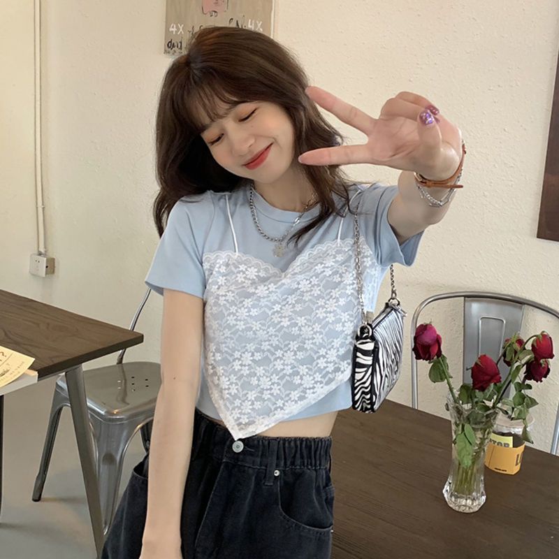 Áo Thun Tay Ngắn Giả Hai Lớp Thời Trang Mùa Hè 2023 Mới Cho Nữ